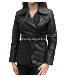 Classic Women Black Leather Coat