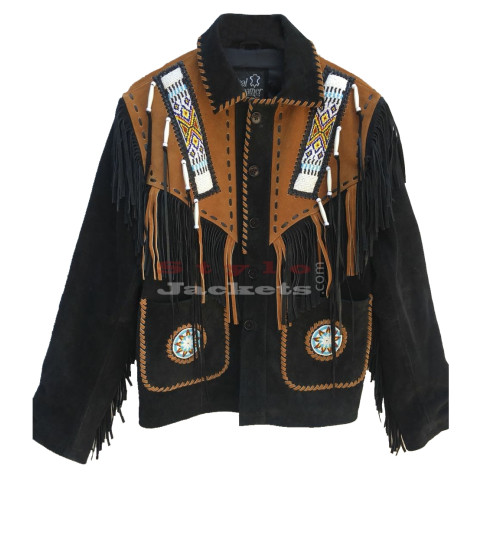 Men's Bead Black Fringe Cowboy Leather Jacket