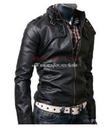 Rocker-Black Slim-Fit Leather Biker Jacket