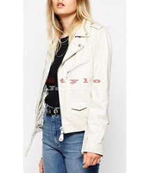 Women Zipper White Biker Jacket
