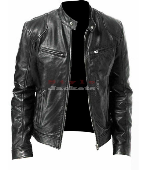 Cafe Racer Retro Motorcycle Black Leather Jacket