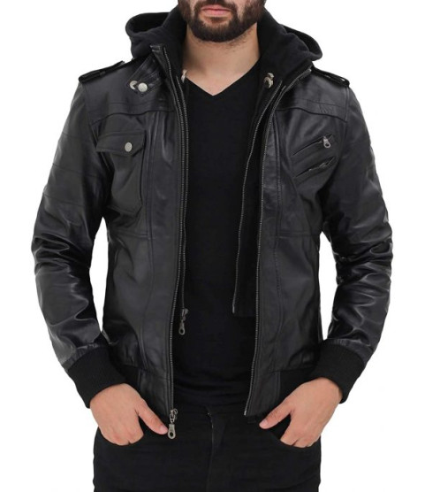 Edinburgh Men's Black Slim Fit Bomber Leather Jacket With Hood