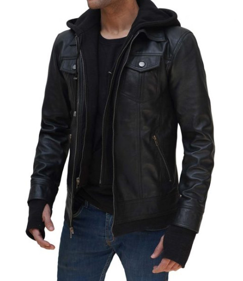 Tralee Mens Black Fitted Bomber Leather Jacket With Hood