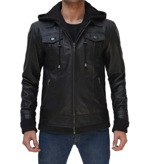 Tralee Mens Black Fitted Bomber Leather Jacket With Hood