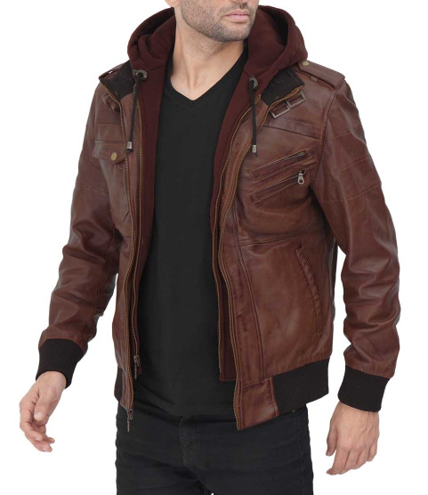 Edinburgh Mens Dark Brown Leather Bomber Jacket With Removable Hood 