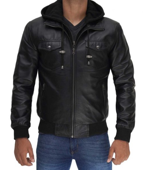 Velasco Men's Black Leather Jacket With Removable Hood