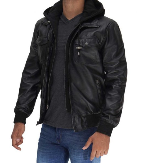 Velasco Men's Black Leather Jacket With Removable Hood