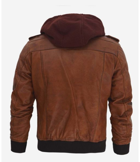Distressed Brown Leather Bomber Jacket With Hood 