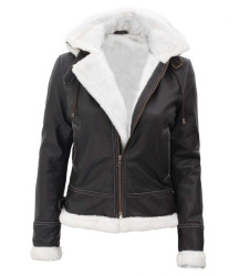 Mary Brown Hooded B3 Shearling Bomber Leather Jacket 