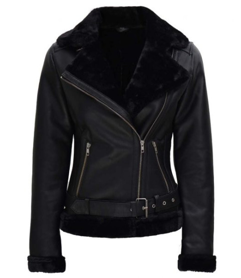 Agnes Women's Black Shearling Leather B3 Bomber Jacket